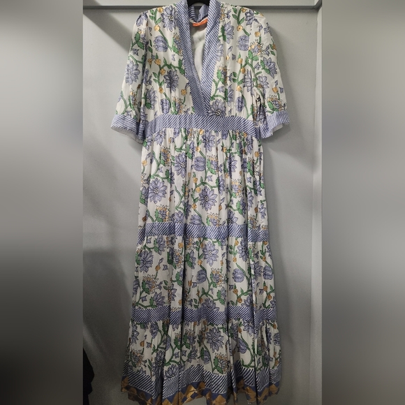 Oliphant V-Neck Cuffed Maxi Dress Women's L Presidio Blue Print Floral - Picture 2 of 6